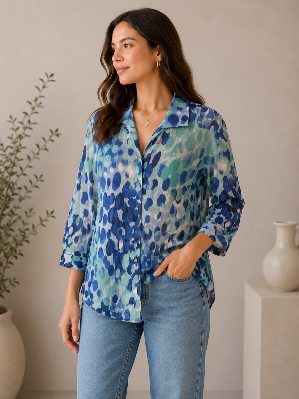 Alia Sheer Blue Aqua Abstract Dot Button-Up Blouse Size 18